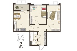 2-ком. кв., 63,16 м², 12/18 эт.