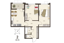 2-ком. кв., 63,16 м², 12/18 эт.